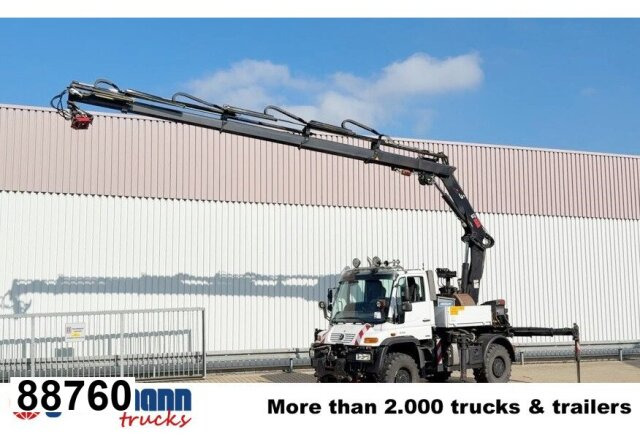 Unimog U400 4x4, Frontzapfwelle, Heckkran Hiab XS - Kamion me karroceri të hapur, Kamion me vinç: foto 1 Unimog U400 4x4, Frontzapfwelle, Heckkran Hiab XS - Kamion me karroceri të hapur, Kamion me vinç: foto 1