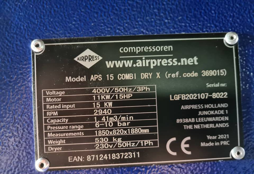 Kompresor śrubowy AIRPRESS APS 15 COMBI DRY X, 11 kw, 2021r - Kompresor ajri: foto 5 Kompresor śrubowy AIRPRESS APS 15 COMBI DRY X, 11 kw, 2021r - Kompresor ajri: foto 5