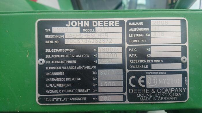 John Deere C 670 - Autokombajnë: foto 2 John Deere C 670 - Autokombajnë: foto 2