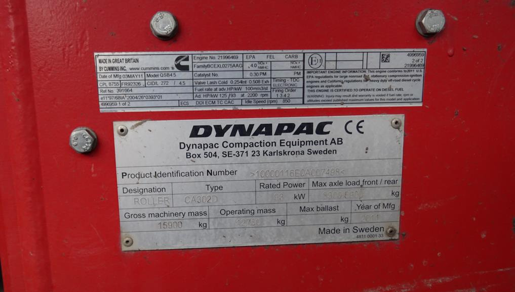 Walec DYNAPAC CA 302D 2011 - 3393 mth - CE - 15,9t - Rul: foto 5 Walec DYNAPAC CA 302D 2011 - 3393 mth - CE - 15,9t - Rul: foto 5
