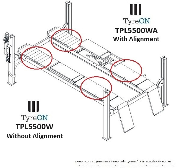 Pajisjet e ofiçinës TPL5500W 4 post lift - 5.6 meter flat runways - Integrated free wheels lifting system - 5.5T: foto 9