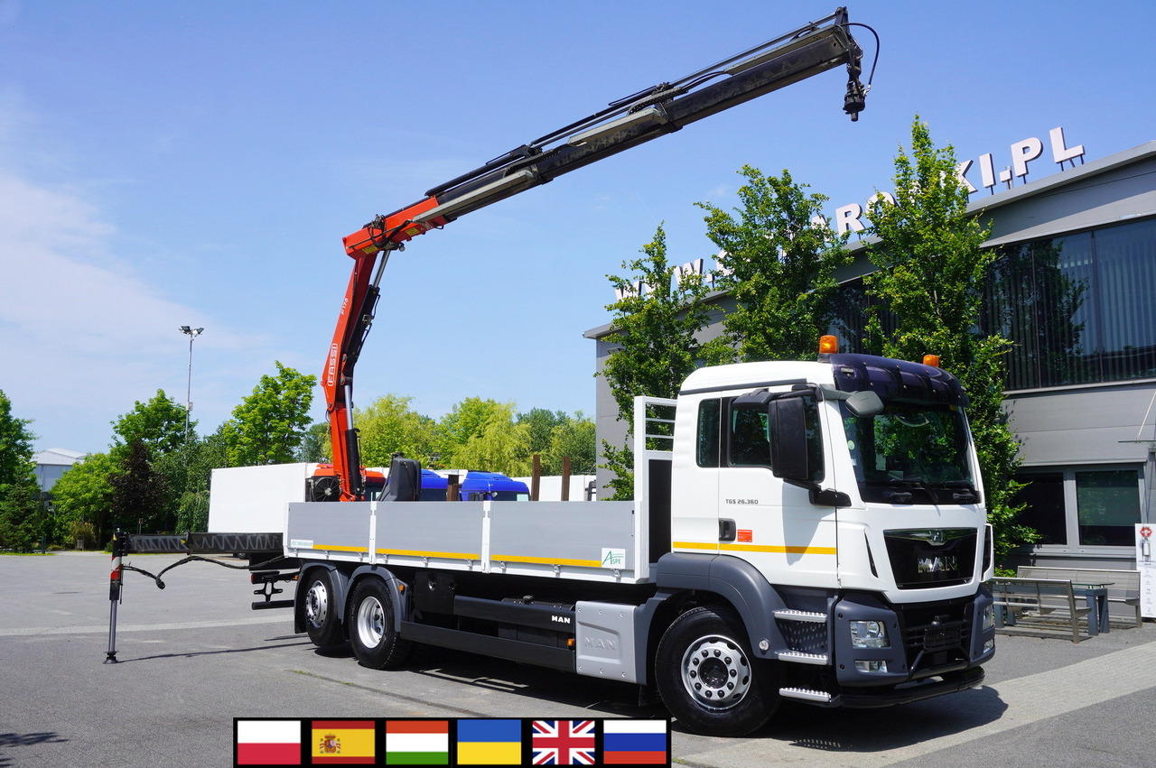 MAN TGS 26.360 Flatbed / Fassi F175 7.7 T / steered 3rd axle - Kamion me karroceri të hapur, Kamion me vinç: foto 1 MAN TGS 26.360 Flatbed / Fassi F175 7.7 T / steered 3rd axle - Kamion me karroceri të hapur, Kamion me vinç: foto 1