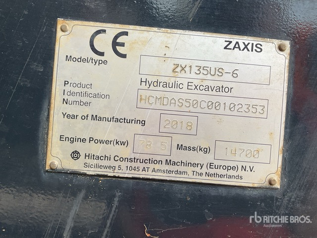 2018 Hitachi ZX135US-6 Long Reach Tracked Excavator - Ekskavator me zinxhirë: foto 3 2018 Hitachi ZX135US-6 Long Reach Tracked Excavator - Ekskavator me zinxhirë: foto 3