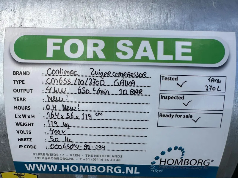 Kompresor ajri i ri Contimac CM 655 / 10 / 270D Galva 4 kW 650 L / min 10 Bar Zuigercompressor t.b.v Agri Gegalvaniseerd: foto 15 Kompresor ajri i ri Contimac CM 655 / 10 / 270D Galva 4 kW 650 L / min 10 Bar Zuigercompressor t.b.v Agri Gegalvaniseerd: foto 15